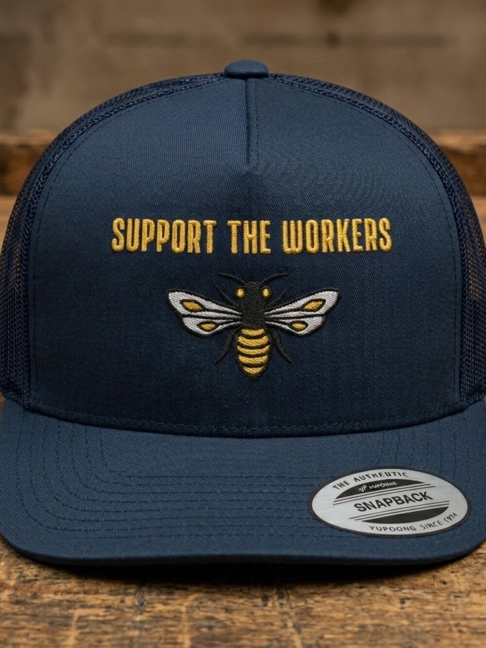 Support The Workers Bee Embroidered Navy Black Yupoong Snapback Trucker Hat 90s